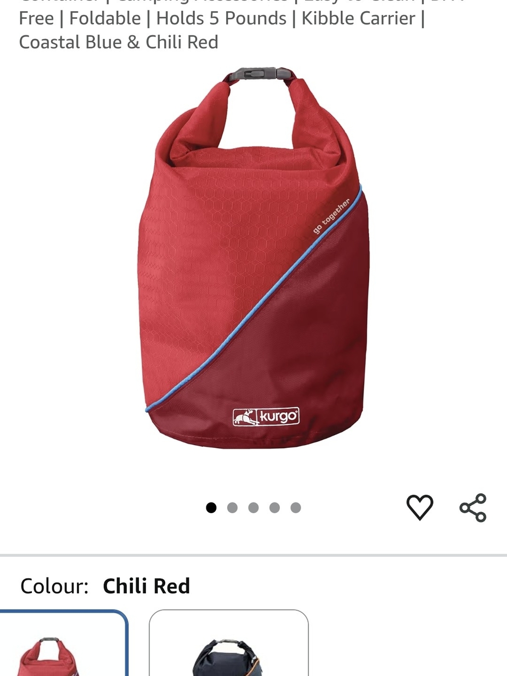 Kurgo Chili Red & Coastal Blue Foldable Dog Kibble Carrier